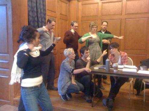 Elevator Repair Service rehearsing "The Select" at South Oxford Space in 2010. (Photo- John Collins)